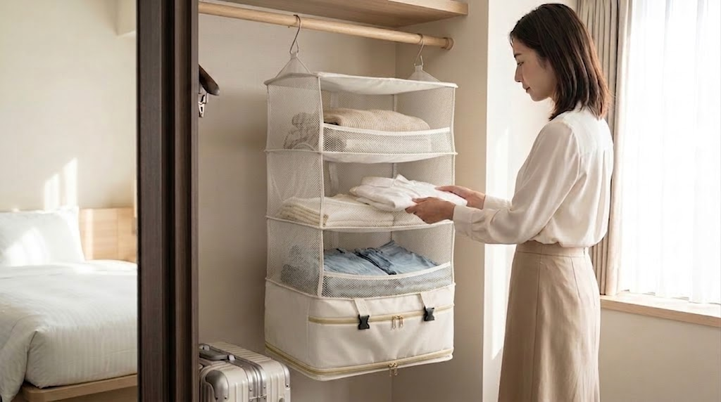明るいホテルで、Beige の UNPAX から衣類を取り出す女性